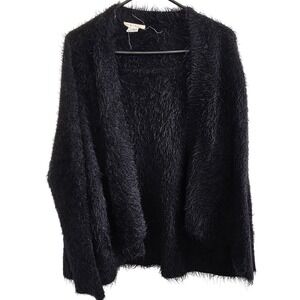 Kye Mi Black Eyelash Knit Fuzzy Open Front Cardigan Sweater Womens Small